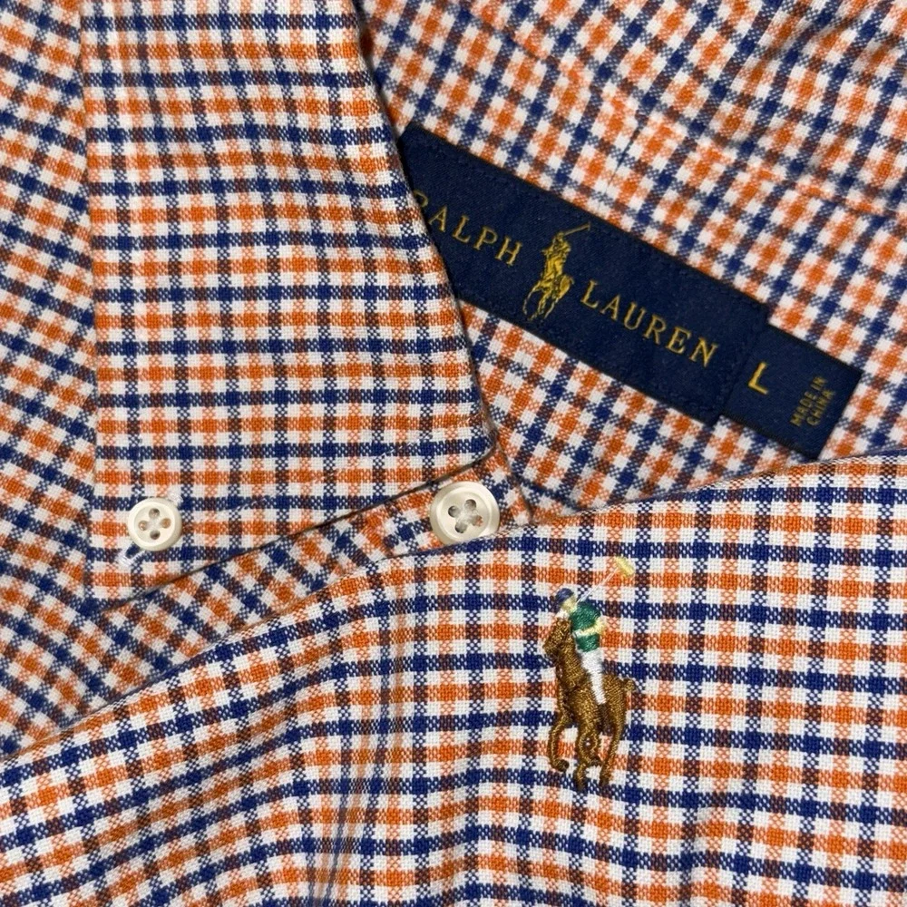 Polo Ralph Lauren Long Sleeve Button Down Oxford Men's Large Orange Blue Check